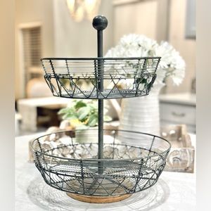 Two Tier Wire Fruit Basket Tray Wooden Bottom